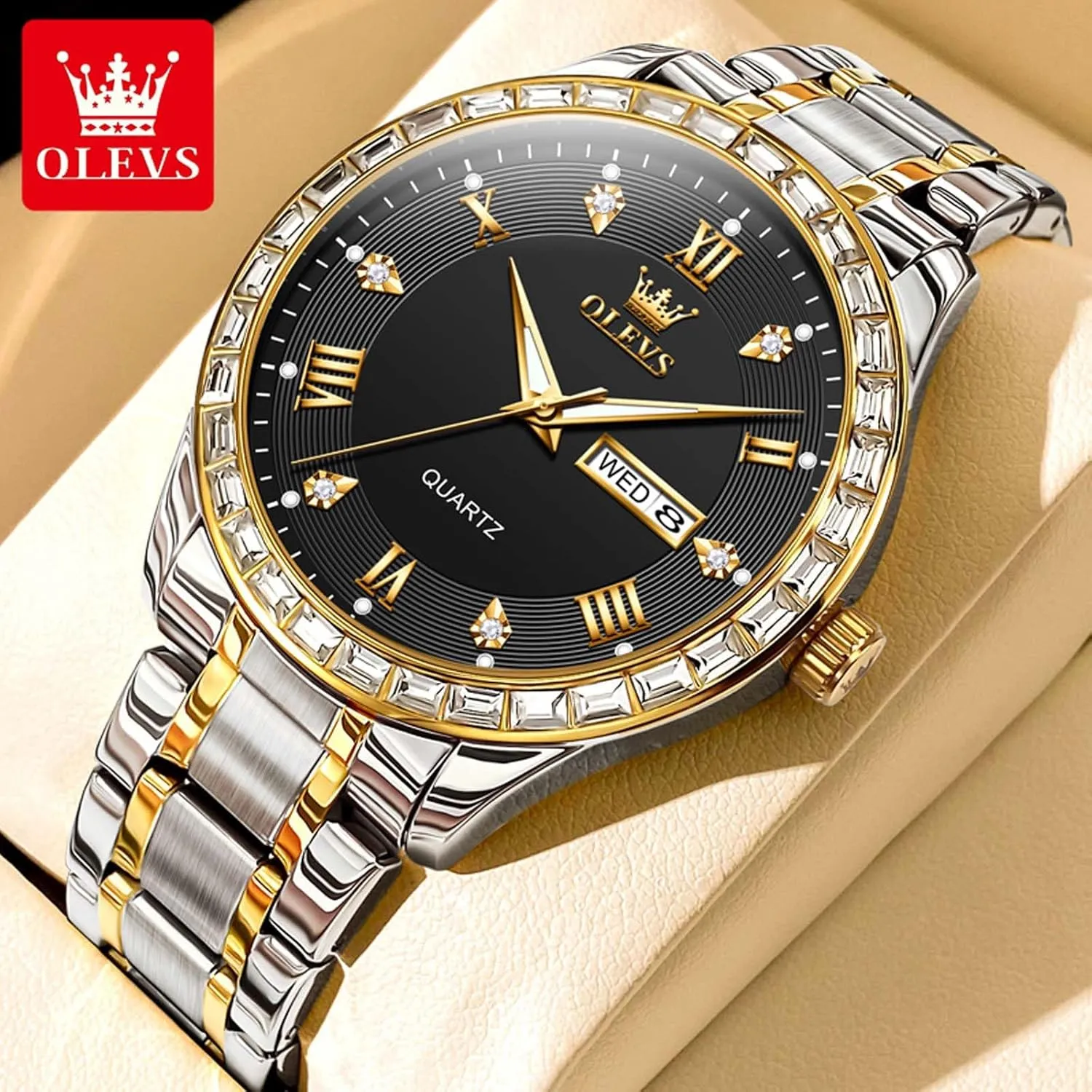 Men Quartz Watches Roman Dial Diamond Classic Business Male Wristwatch Waterproof Luminous Calendar Reloj para lateness Hombr(Gold/Black/Grey/White Dial) OLEVS Watches for Men with Date Stainless Steel 