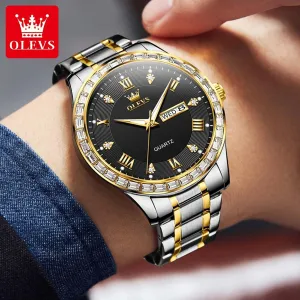 Men Quartz Watches Roman Dial Diamond Classic Business Male Wristwatch Waterproof Luminous Calendar Reloj para lateness Hombr(Gold/Black/Grey/White Dial) OLEVS Watches for Men with Date Stainless Steel 