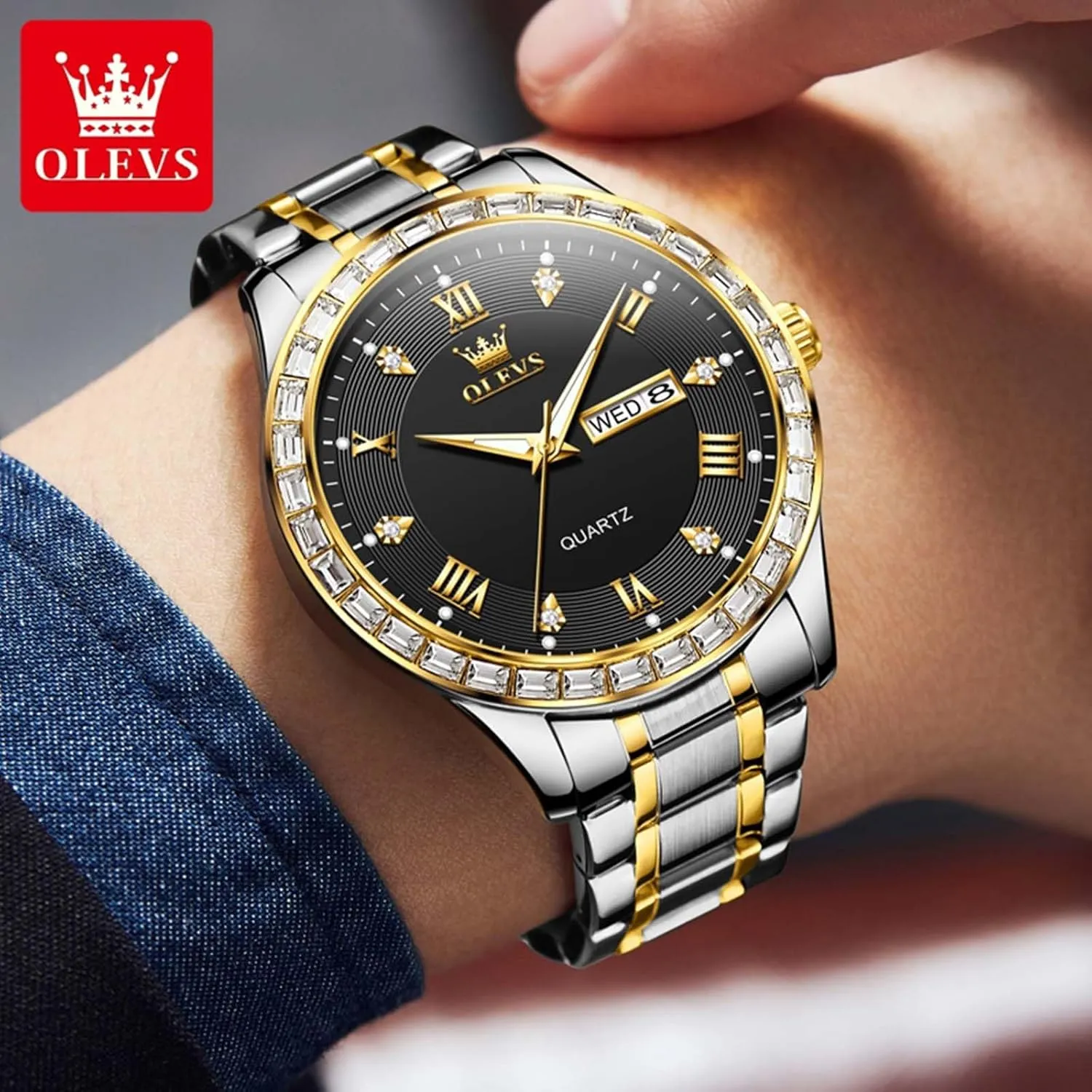 Men Quartz Watches Roman Dial Diamond Classic Business Male Wristwatch Waterproof Luminous Calendar Reloj para lateness Hombr(Gold/Black/Grey/White Dial) OLEVS Watches for Men with Date Stainless Steel 