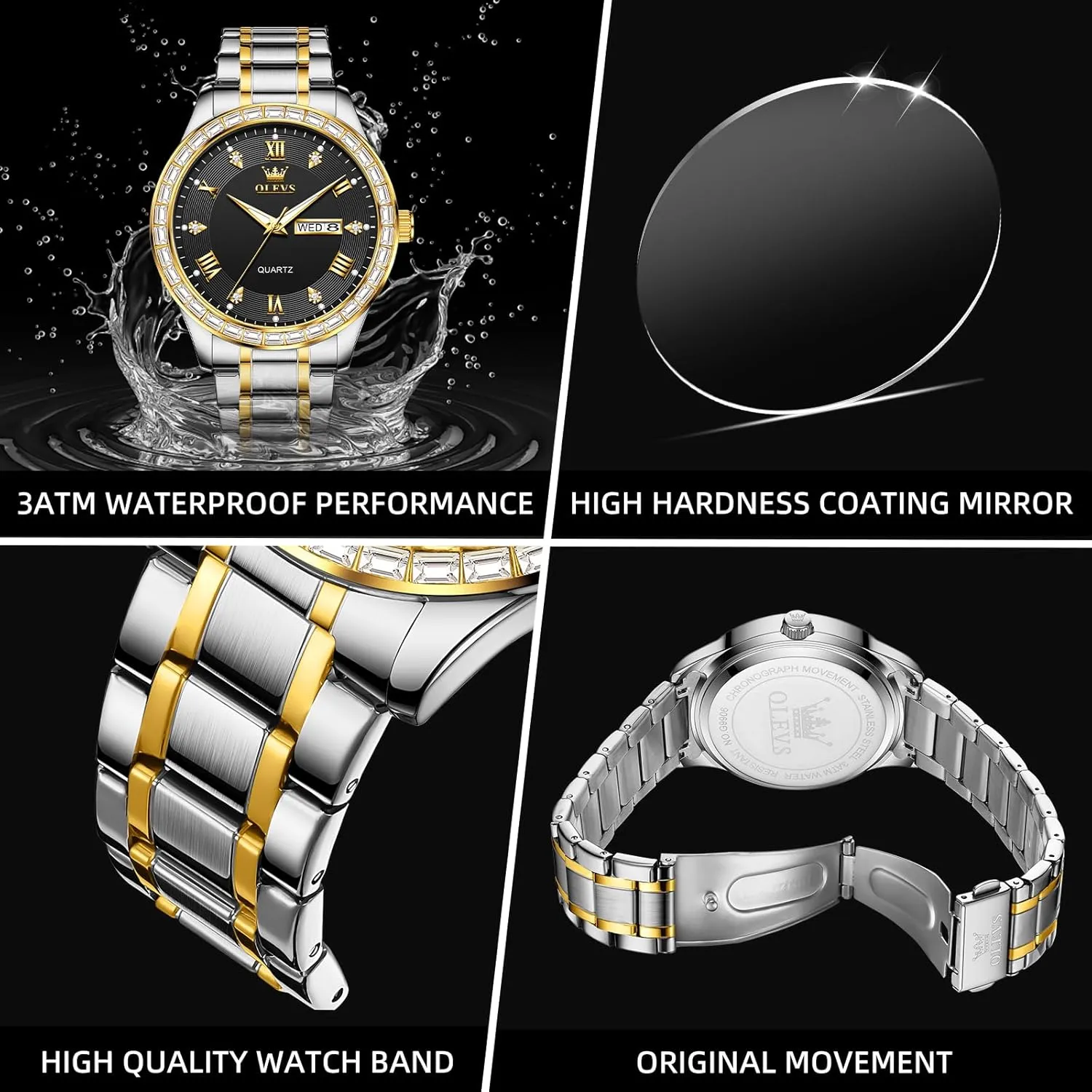 Men Quartz Watches Roman Dial Diamond Classic Business Male Wristwatch Waterproof Luminous Calendar Reloj para lateness Hombr(Gold/Black/Grey/White Dial) OLEVS Watches for Men with Date Stainless Steel 