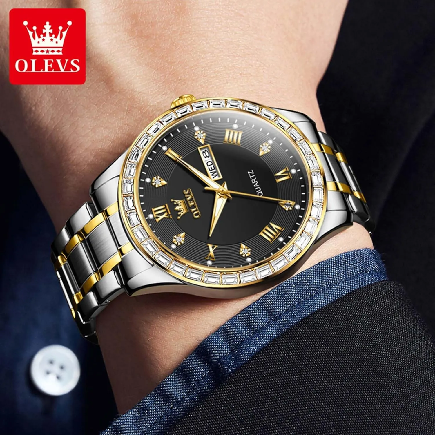 Men Quartz Watches Roman Dial Diamond Classic Business Male Wristwatch Waterproof Luminous Calendar Reloj para lateness Hombr(Gold/Black/Grey/White Dial) OLEVS Watches for Men with Date Stainless Steel 