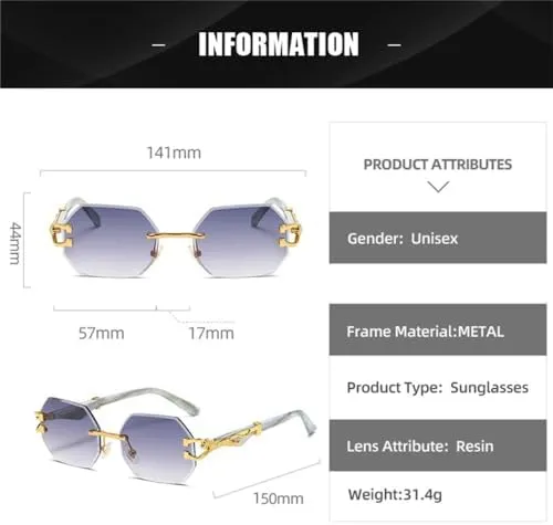 Men Sun adjoin mussel species Glasses Eyewear UV400 Shades Female Hexagon Rimless Sunglasses Women Retro 