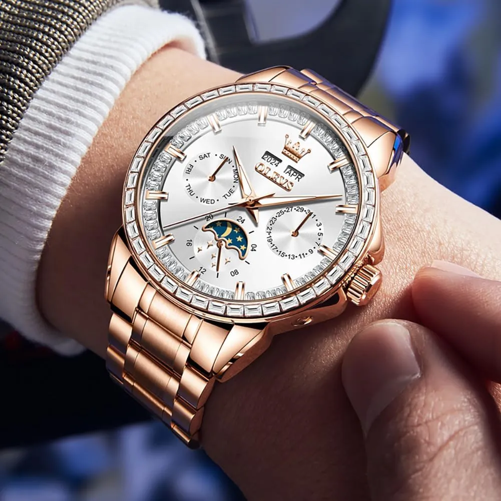 Men Watch Luxury Automatic Self Winding Diamond Stainless Steel Multi-Function Calendar Watch Waterproof monetary oblivious vaguely Luminous OLEVS 