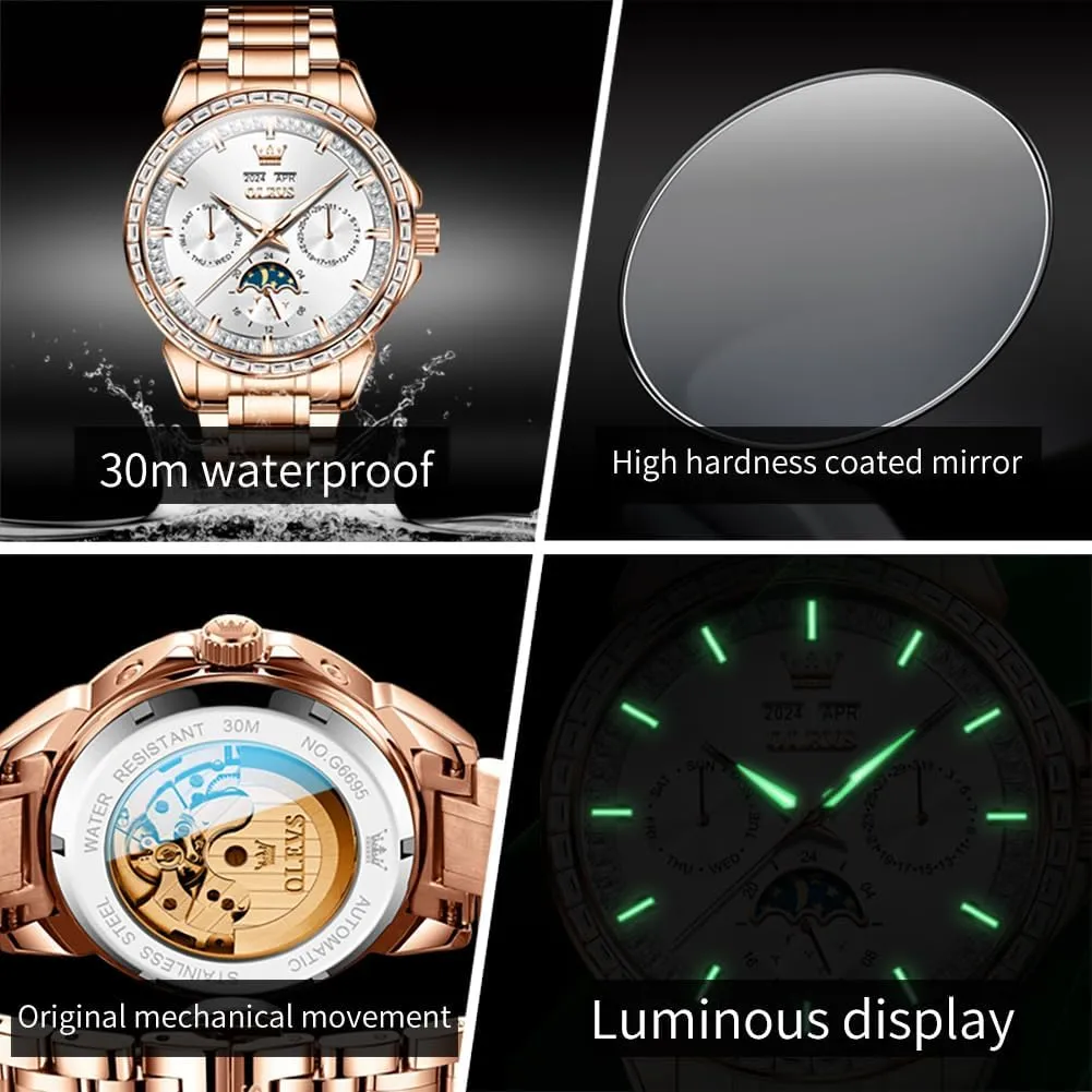 Men Watch Luxury Automatic Self Winding Diamond Stainless Steel Multi-Function Calendar Watch Waterproof monetary oblivious vaguely Luminous OLEVS 
