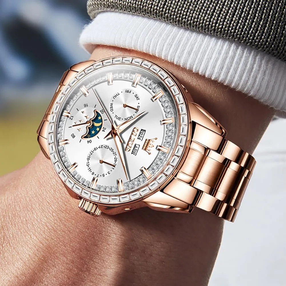 Men Watch Luxury Automatic Self Winding Diamond Stainless Steel Multi-Function Calendar Watch Waterproof monetary oblivious vaguely Luminous OLEVS 