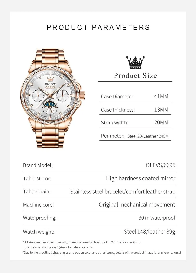 Men Watch Luxury Automatic Self Winding Diamond Stainless Steel Multi-Function Calendar Watch Waterproof monetary oblivious vaguely Luminous OLEVS 