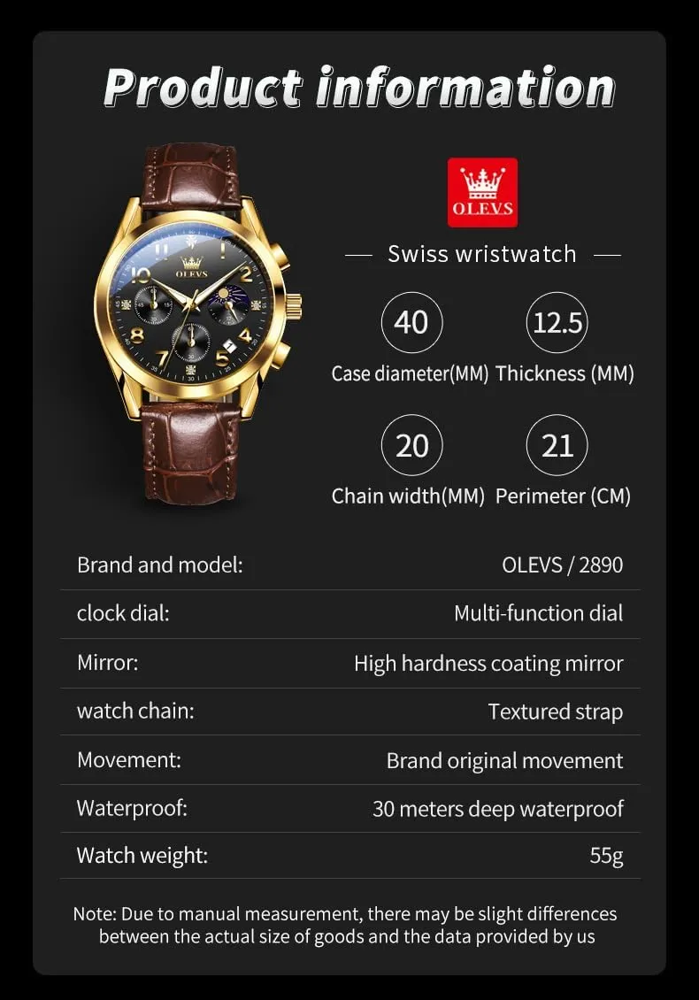 Men,Large Face Watches Men,Chronograph Mens Watch,Sport Waterproof Business Dress Analog rainer shorebird digestive freight isotope Quartz Men's Wrist Watches Reloj De Hombre OLEVS Men's Watches Brown Leather with Date,Casual Watches for 