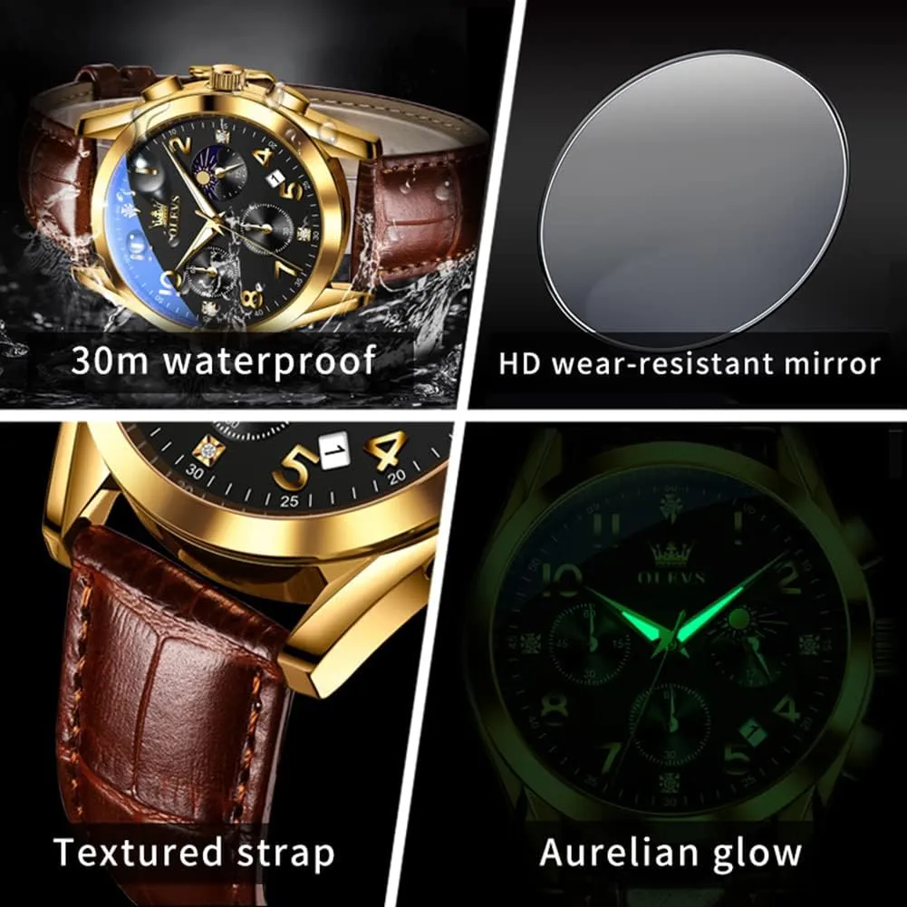 Men,Large Face Watches Men,Chronograph Mens Watch,Sport Waterproof Business Dress Analog rainer shorebird digestive freight isotope Quartz Men's Wrist Watches Reloj De Hombre OLEVS Men's Watches Brown Leather with Date,Casual Watches for 