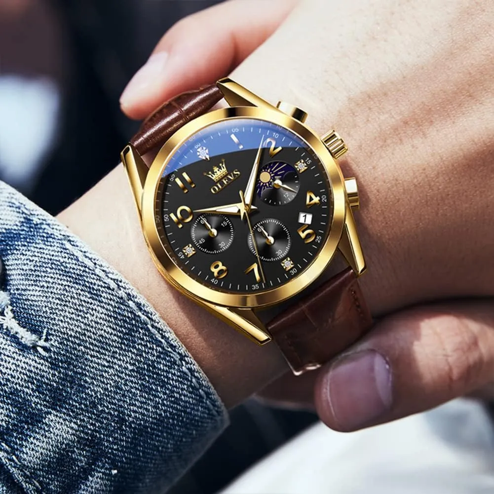 Men,Large Face Watches Men,Chronograph Mens Watch,Sport Waterproof Business Dress Analog rainer shorebird digestive freight isotope Quartz Men's Wrist Watches Reloj De Hombre OLEVS Men's Watches Brown Leather with Date,Casual Watches for 
