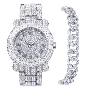 Men’s Iced Diamond Watch & Bracelet Set – Silver Roman Dial | Adjustable Metal Strap