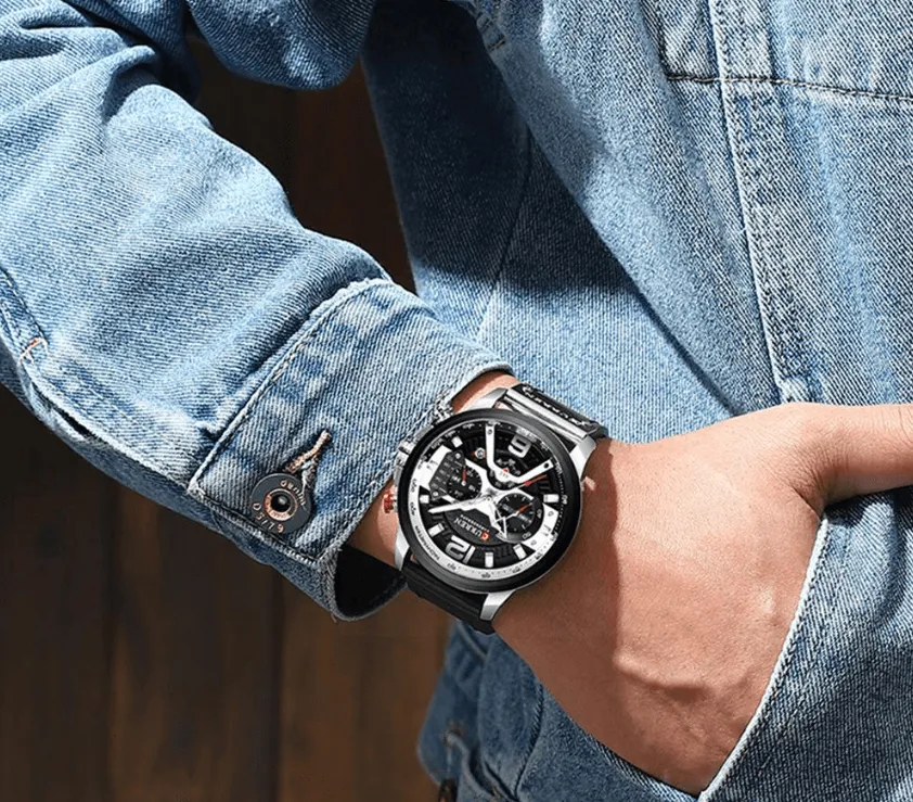 Men's Sports Waterproof Watch With Leather Belts, Chronometers And Large Numbers Details Luxury Watches Unique Design Excellent Gift