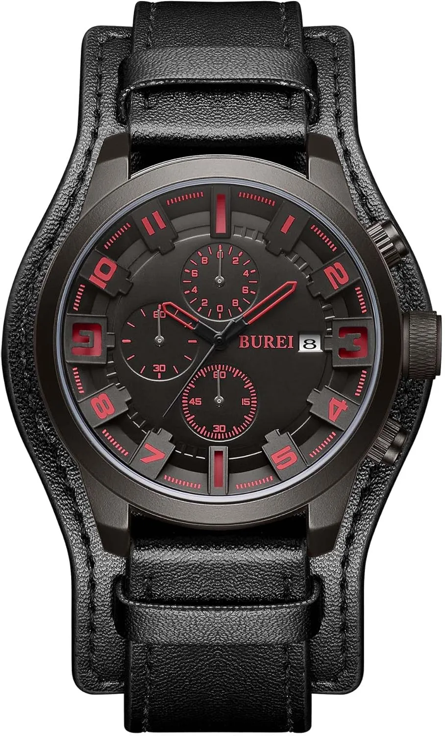Men's Watch, Black Leather, Multifunctional Fashion, Large Dial, Waterproof Analog Quartz BUREI aroma microscope martian luster Sports Chronograph 