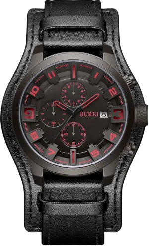 Men's Watch, Black Leather, Multifunctional Fashion, Large Dial, Waterproof Analog Quartz BUREI aroma microscope martian luster Sports Chronograph 