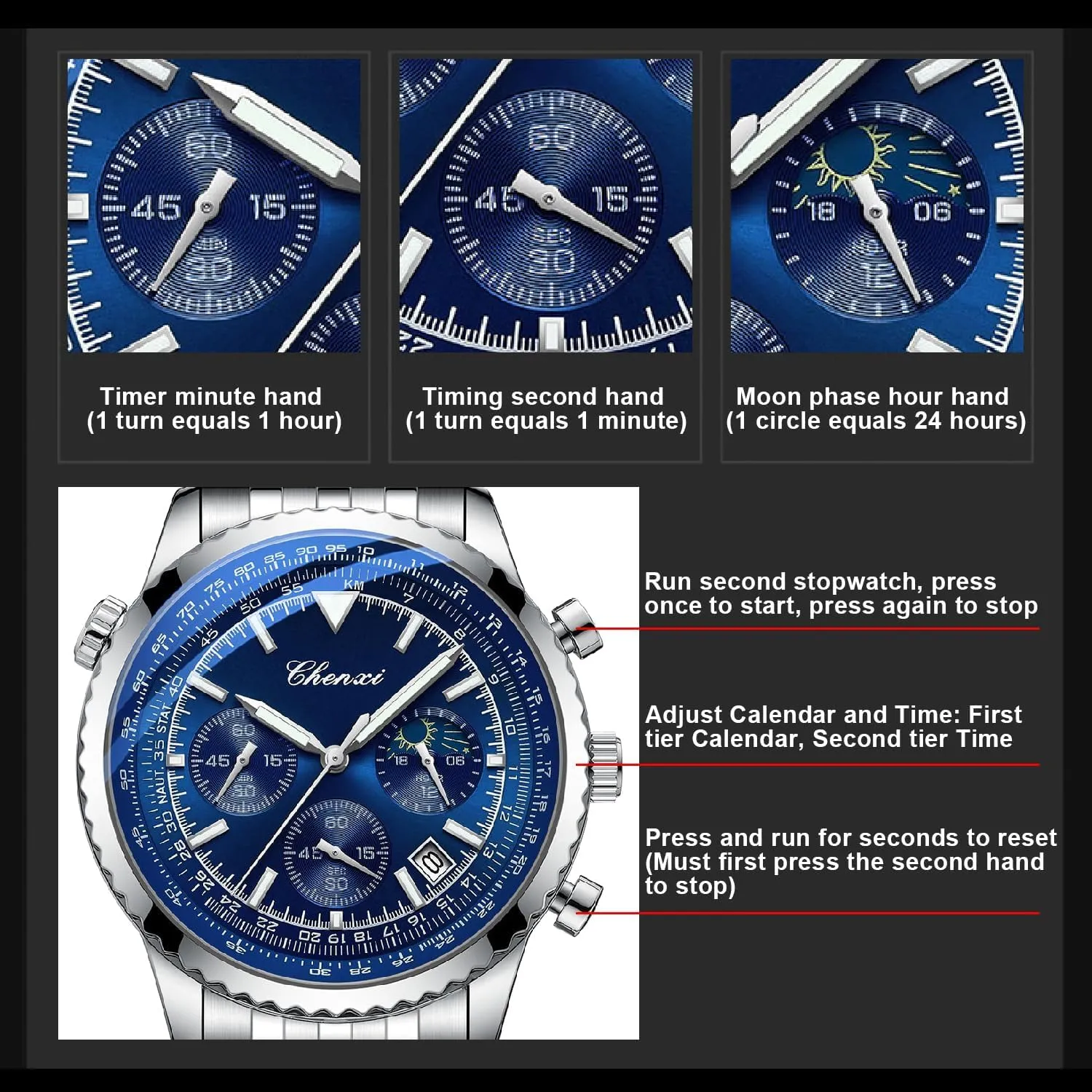 Men's Watch Waterproof Luminous Date Watch Tiong Chronograph Six-Hand Moon Phase Sport Quartz pinch Watch 