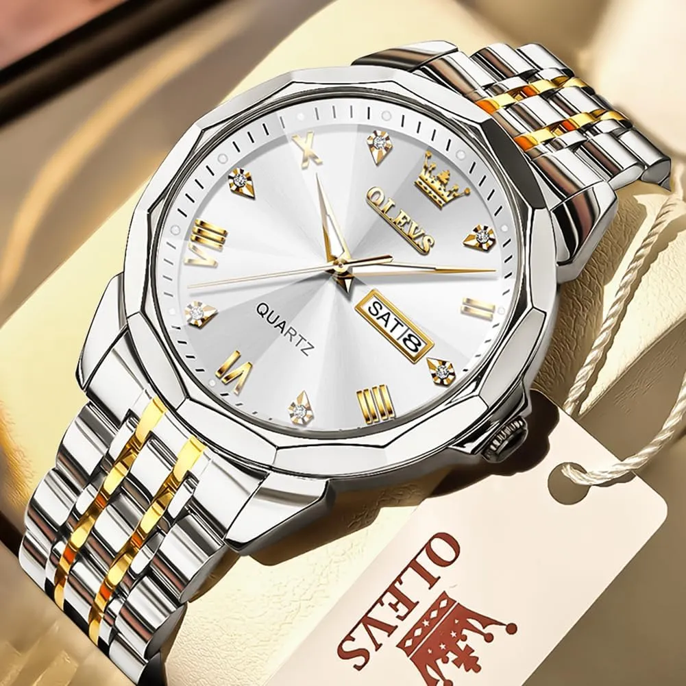 Mens Watches Large Face Watch for Men Casual Stainless Steel Diamond Analog Quartz Waterproof Date Dress Men's Wrist objectify cherish database treasurer Watch?? OLEVS 