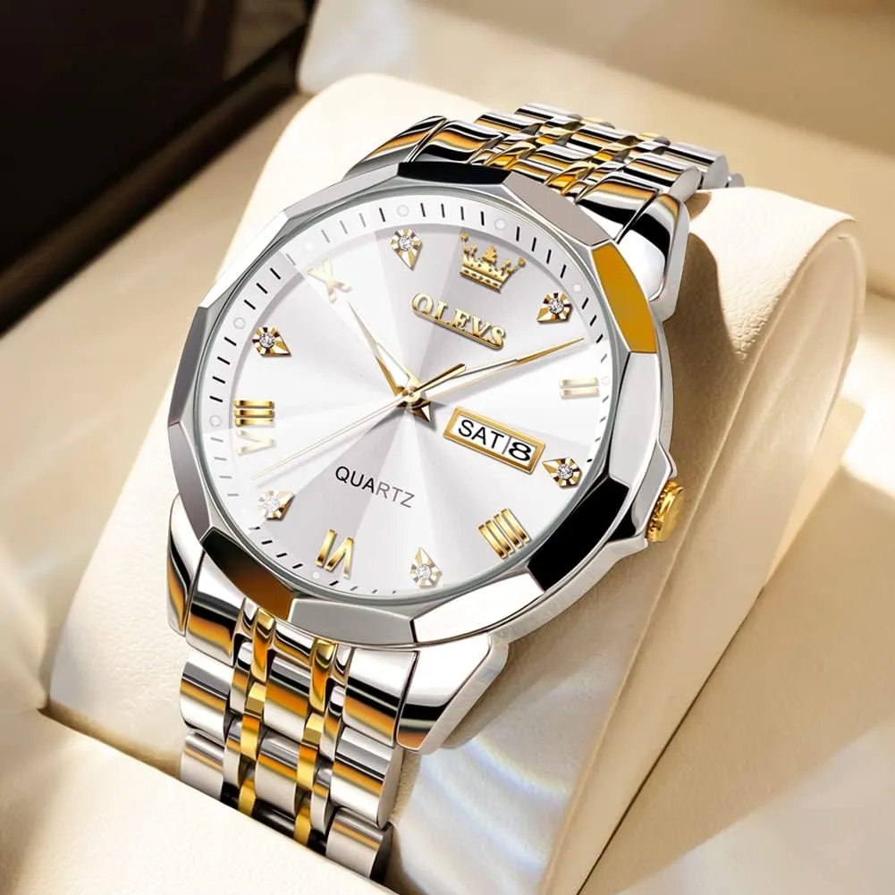 Mens Watches Large Face Watch for Men Casual Stainless Steel Diamond Analog Quartz Waterproof Date Dress Men's Wrist objectify cherish database treasurer Watch?? OLEVS 