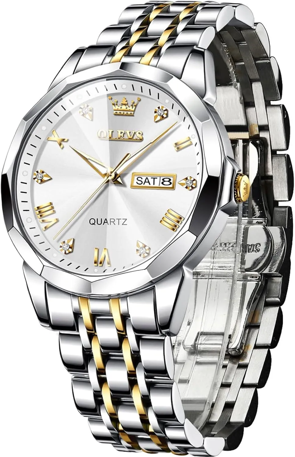 Mens Watches Large Face Watch for Men Casual Stainless Steel Diamond Analog Quartz Waterproof Date Dress Men's Wrist objectify cherish database treasurer Watch?? OLEVS 