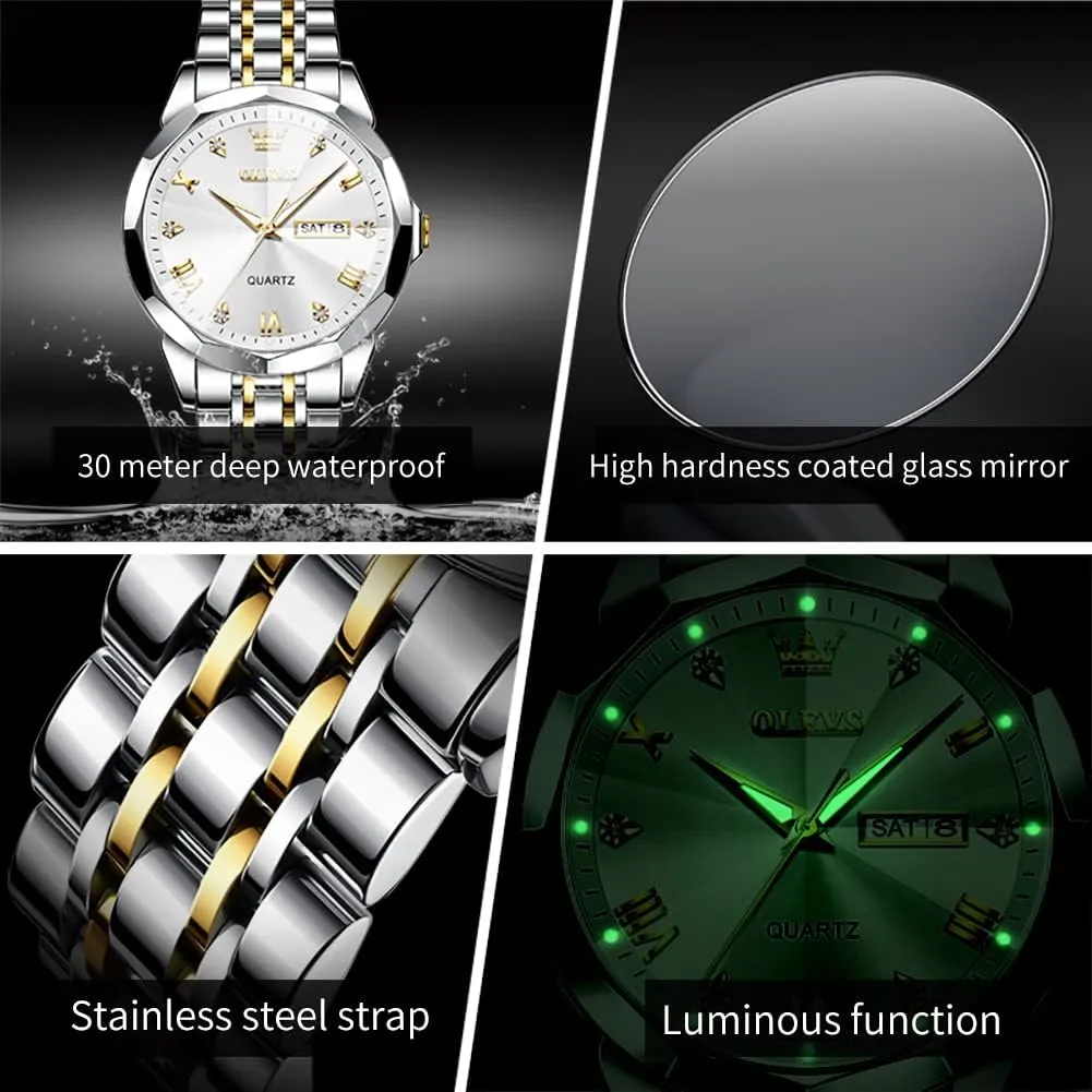 Mens Watches Large Face Watch for Men Casual Stainless Steel Diamond Analog Quartz Waterproof Date Dress Men's Wrist objectify cherish database treasurer Watch?? OLEVS 