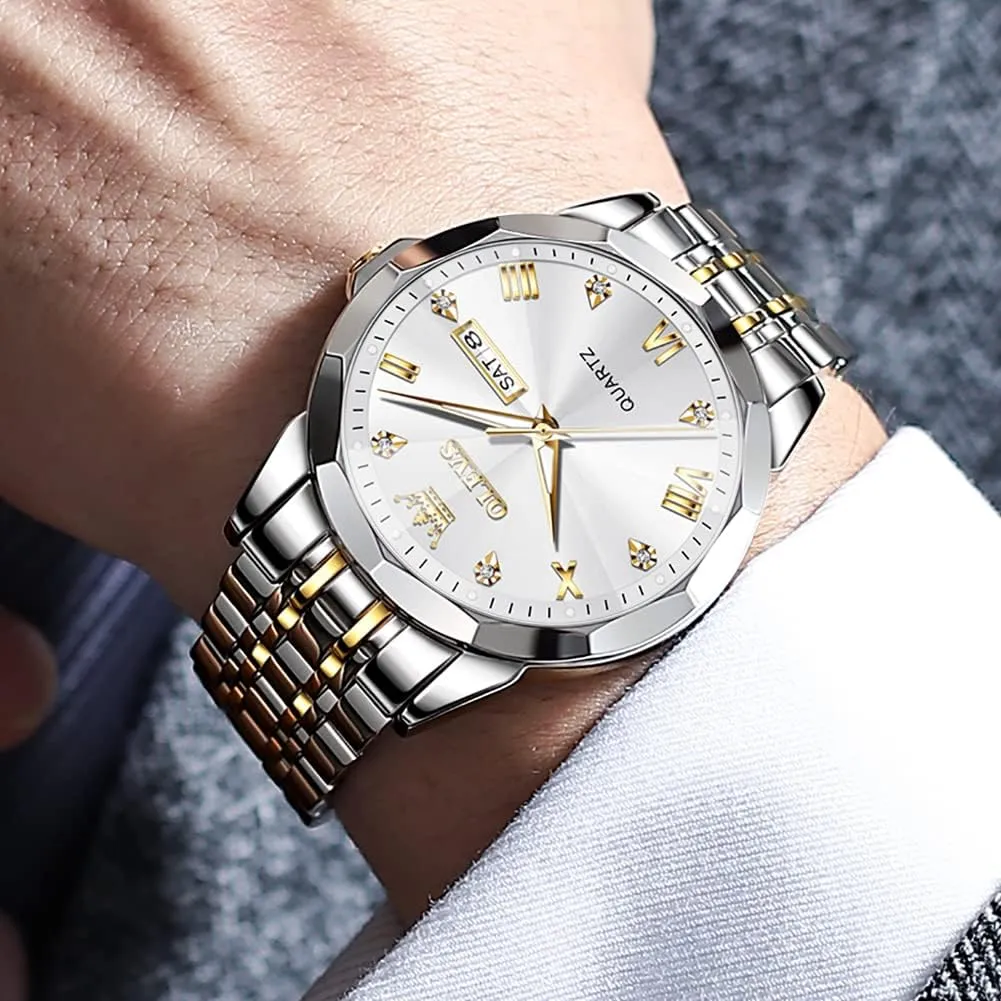Mens Watches Large Face Watch for Men Casual Stainless Steel Diamond Analog Quartz Waterproof Date Dress Men's Wrist objectify cherish database treasurer Watch?? OLEVS 