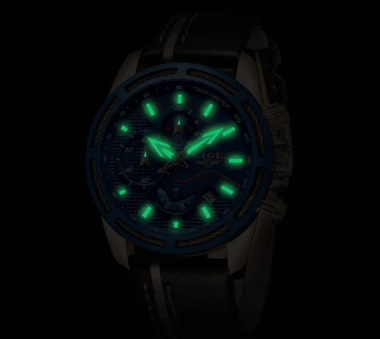 Men's Waterproof Sports  Watch With Leather Belts, Chronometers Day View Fluorescent Pointers Unique Design Perfect Gift