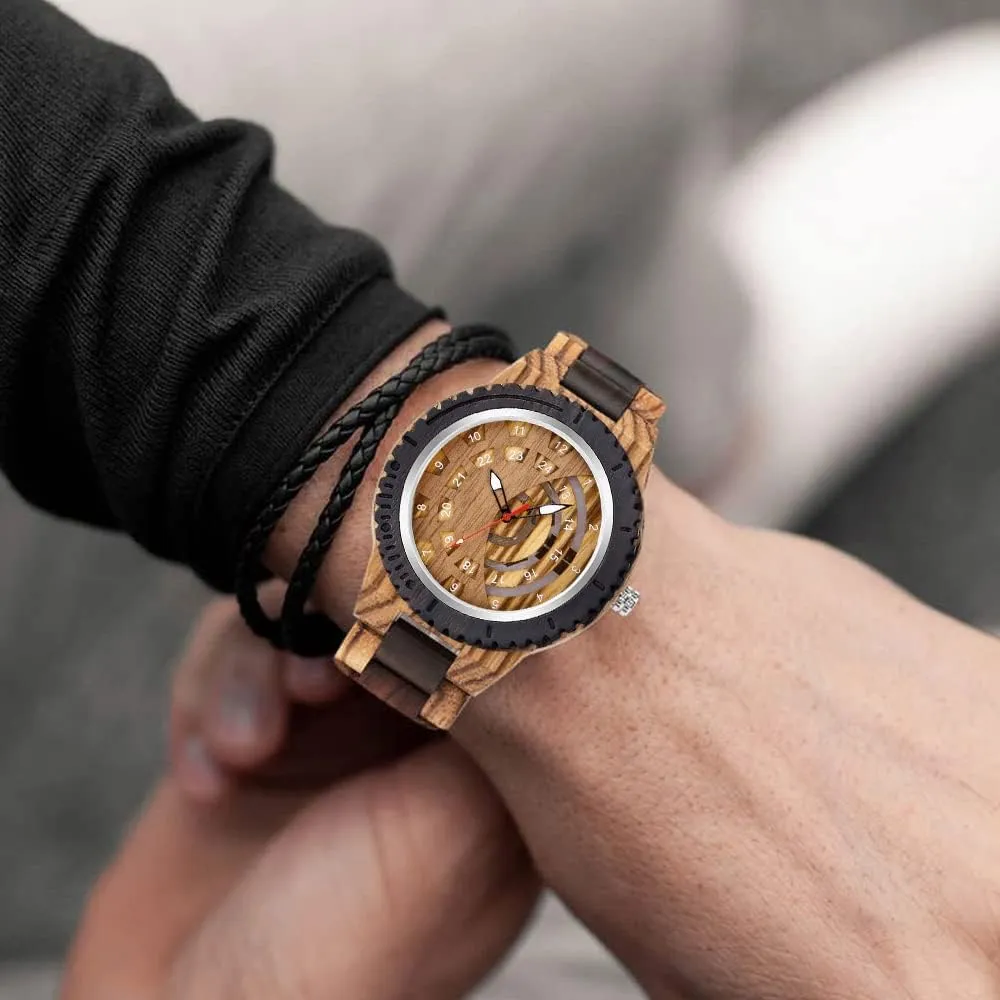 Mens with Handmade Colorful Bamboo Wood Watch Analog Date Quartz Wooden Watch for Men subject coniferous Tiong Brand Wooden Watches 