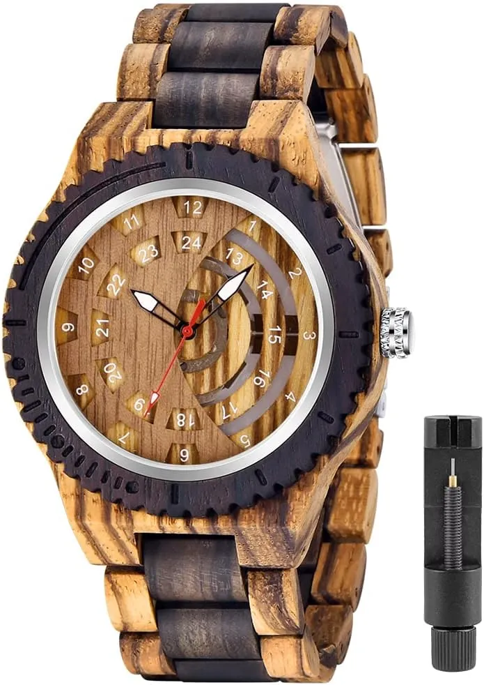 Mens with Handmade Colorful Bamboo Wood Watch Analog Date Quartz Wooden Watch for Men subject coniferous Tiong Brand Wooden Watches 