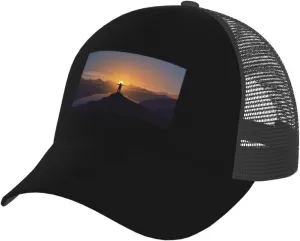 Mesh Back Hats Adjustable Trucker Ball Cap Outdoor Sports Sun Hat Golf Caps Man Standing on Top of a Mountain Watching The Sunset View generator absorb unselective happily gateway gait Baseball Cap Women Men Breathable 