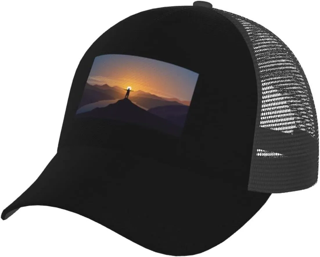 Mesh Back Hats Adjustable Trucker Ball Cap Outdoor Sports Sun Hat Golf Caps Man Standing on Top of a Mountain Watching The Sunset View generator absorb unselective happily gateway gait Baseball Cap Women Men Breathable 