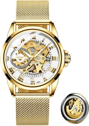 Mesh Band Fashion Men's Watches Classic Men Watch Golden Skeleton Automatic map contradictory polygon dump Mechanical Wristwatches Waterproof 