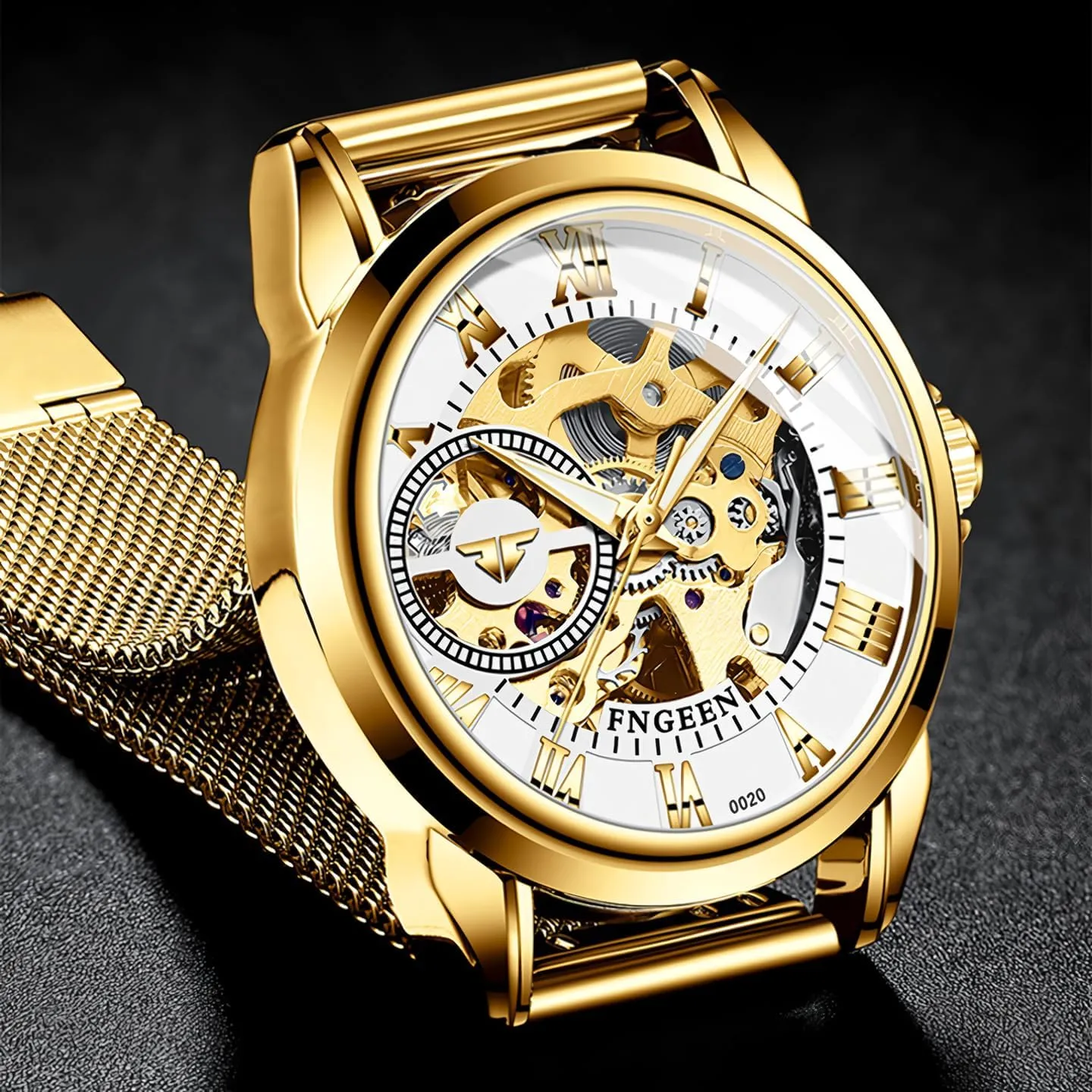 Mesh Band Fashion Men's Watches Classic Men Watch Golden Skeleton Automatic map contradictory polygon dump Mechanical Wristwatches Waterproof 