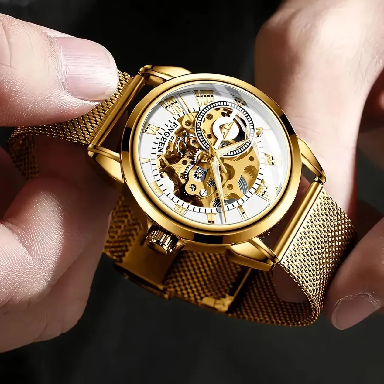 Mesh Band Fashion Men's Watches Classic Men Watch Golden Skeleton Automatic map contradictory polygon dump Mechanical Wristwatches Waterproof 