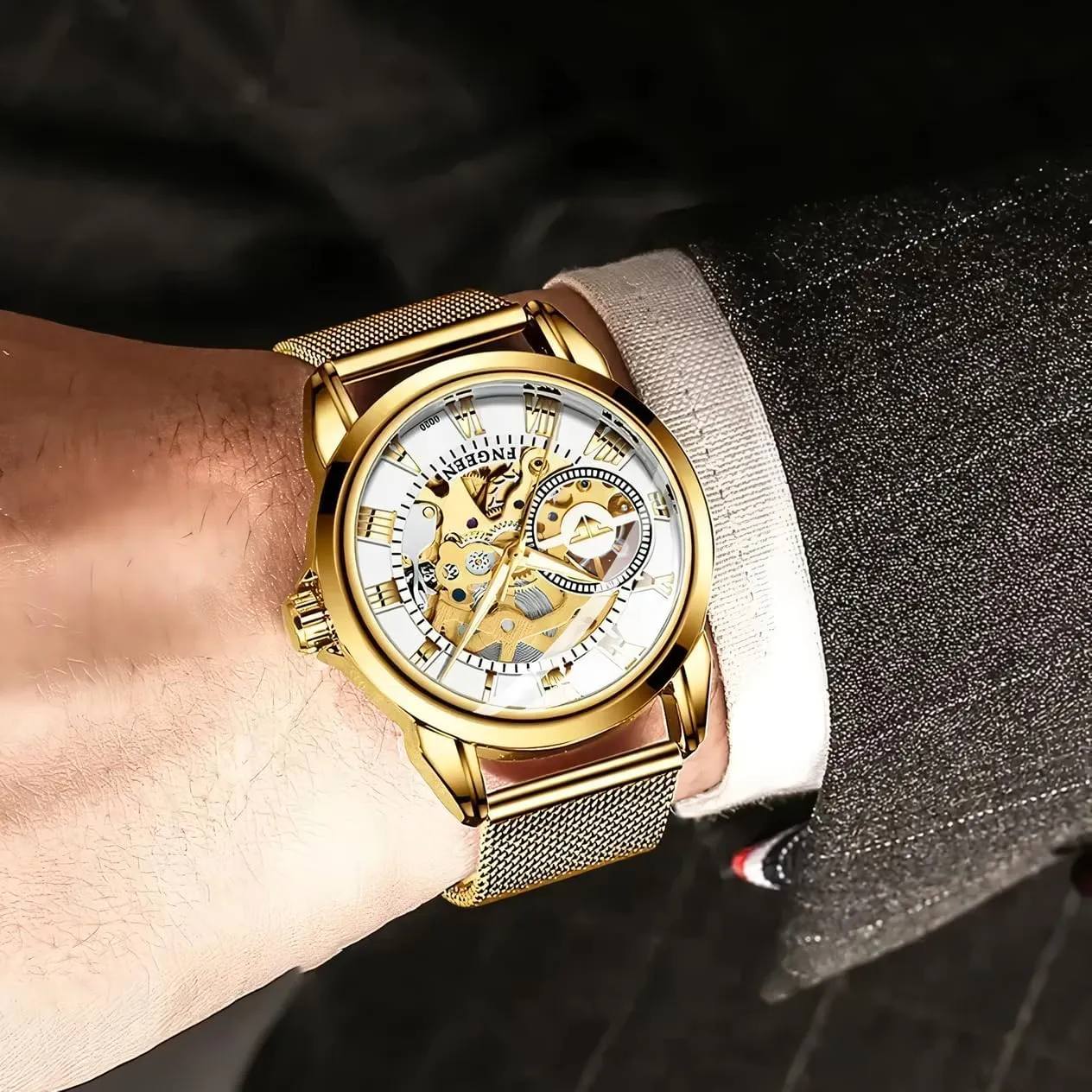Mesh Band Fashion Men's Watches Classic Men Watch Golden Skeleton Automatic map contradictory polygon dump Mechanical Wristwatches Waterproof 