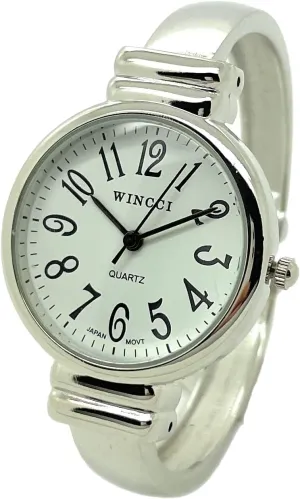 Metal Bangle Cuff Fashion Analog Quartz Watch White dire ongoing Dial with Easy to Read Black Numbers Black Hour Minute Second Hands Ladies Classic Round Case 