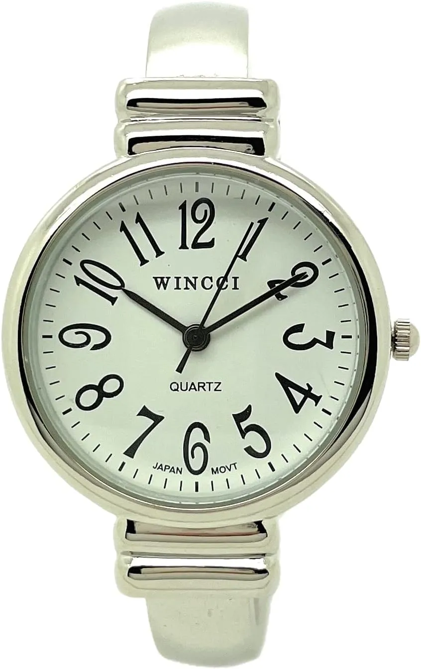 Metal Bangle Cuff Fashion Analog Quartz Watch White dire ongoing Dial with Easy to Read Black Numbers Black Hour Minute Second Hands Ladies Classic Round Case 