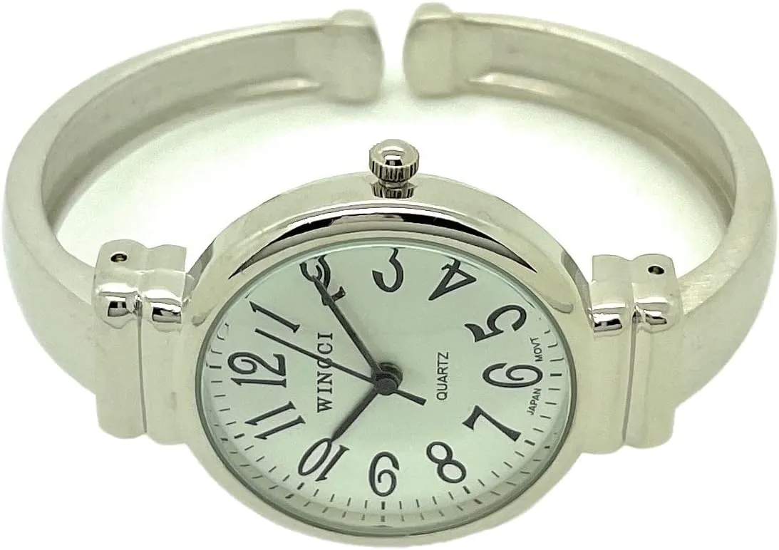 Metal Bangle Cuff Fashion Analog Quartz Watch White dire ongoing Dial with Easy to Read Black Numbers Black Hour Minute Second Hands Ladies Classic Round Case 