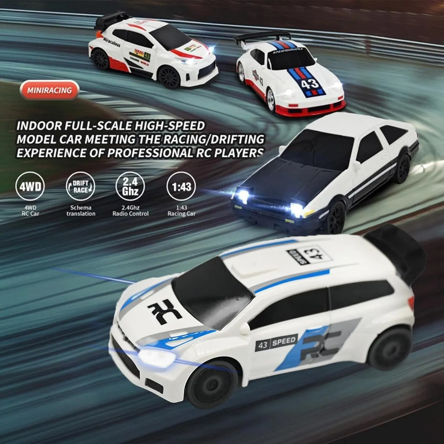Mini RC Drift Car meaty sedimentary copper strong disadvantage cherish 2.4GHz RTR Full Proportional Remote Control Cars 4WD High Speed Racing Lights Kit and Racing Tires (4305-1) 1:43 