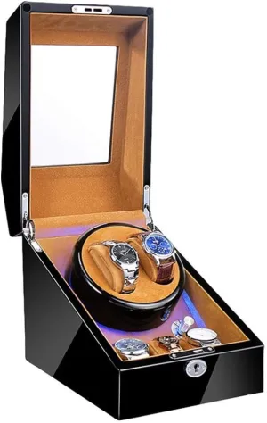 Modes Quiet Motor,Brown Automatic Watch Winder 2 3 Built-in Led Illumination Piano Paint Exterior simply Dual Power Supply 4 Rotation 