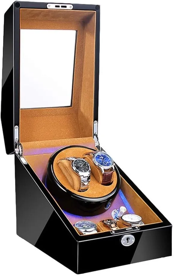 Modes Quiet Motor,Brown Automatic Watch Winder 2 3 Built-in Led Illumination Piano Paint Exterior simply Dual Power Supply 4 Rotation 