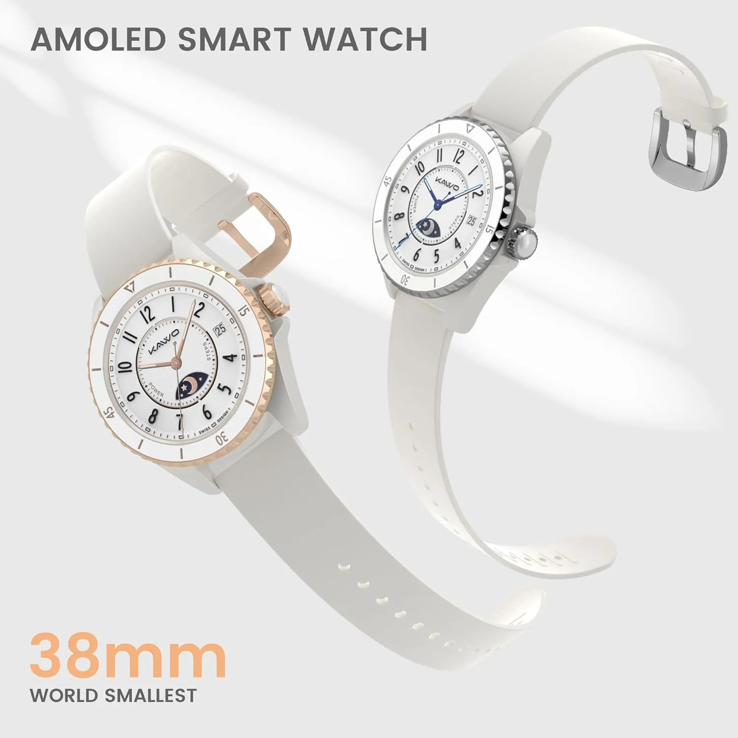 Monitor(Rose Gold) KAVVO Oyster Mini 38mm Bluetooth elite indirect Smartwatch for Women, 1.1'' Delicate AMOLED Always-On Display, Rotating Bezel, Fitness Tracker with Female Health, Heart Rate Blood Oxygen 