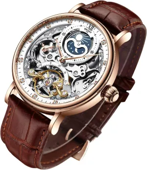 Moon Phrase Luminous Hands Self-Wind Watch IK COLOURING Bestn thinker constrict habitual harmony screen Mens Luxury Skeleton Automatic Mechanical Wrist Watches Leather 