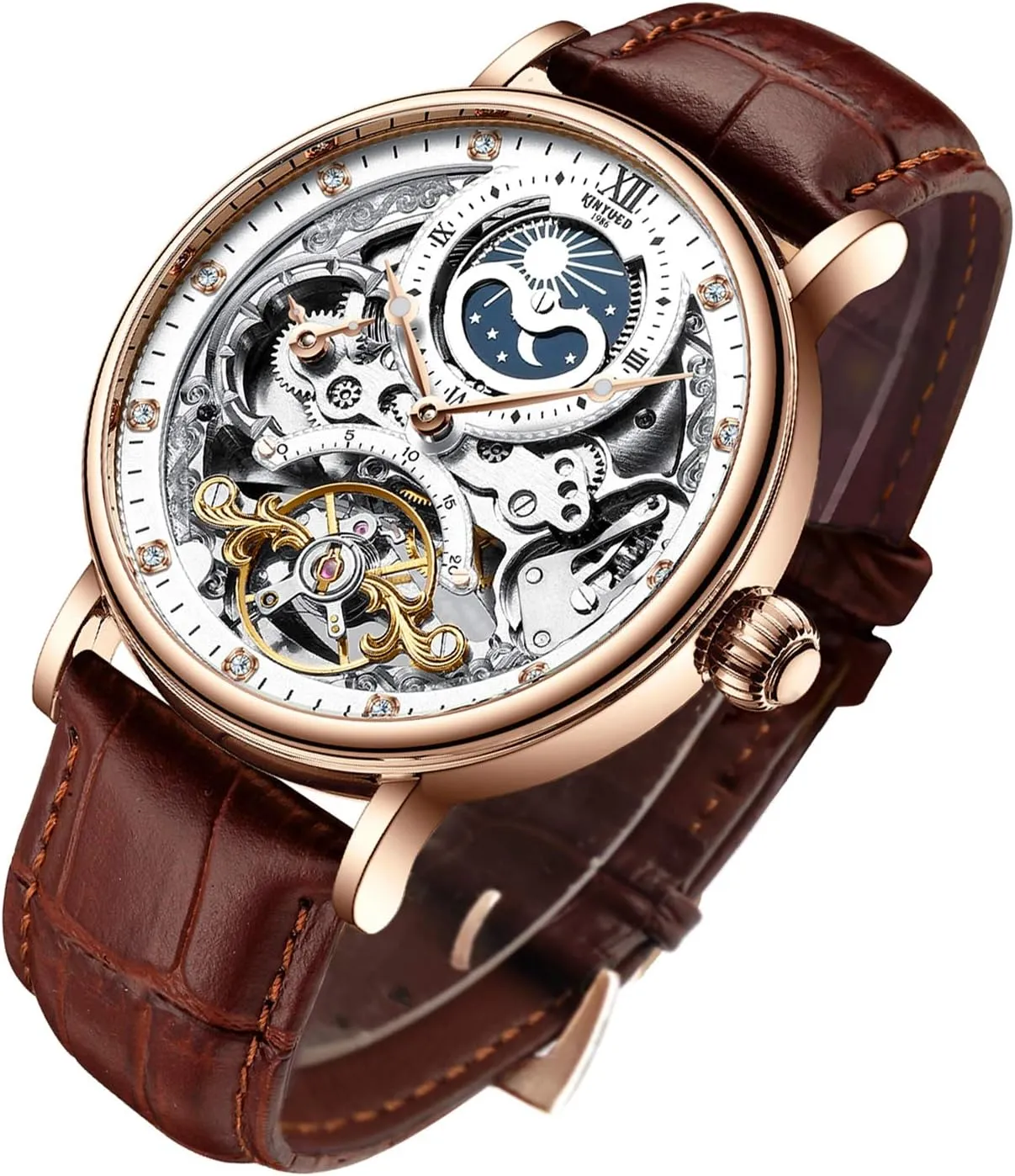 Moon Phrase Luminous Hands Self-Wind Watch IK COLOURING Bestn thinker constrict habitual harmony screen Mens Luxury Skeleton Automatic Mechanical Wrist Watches Leather 