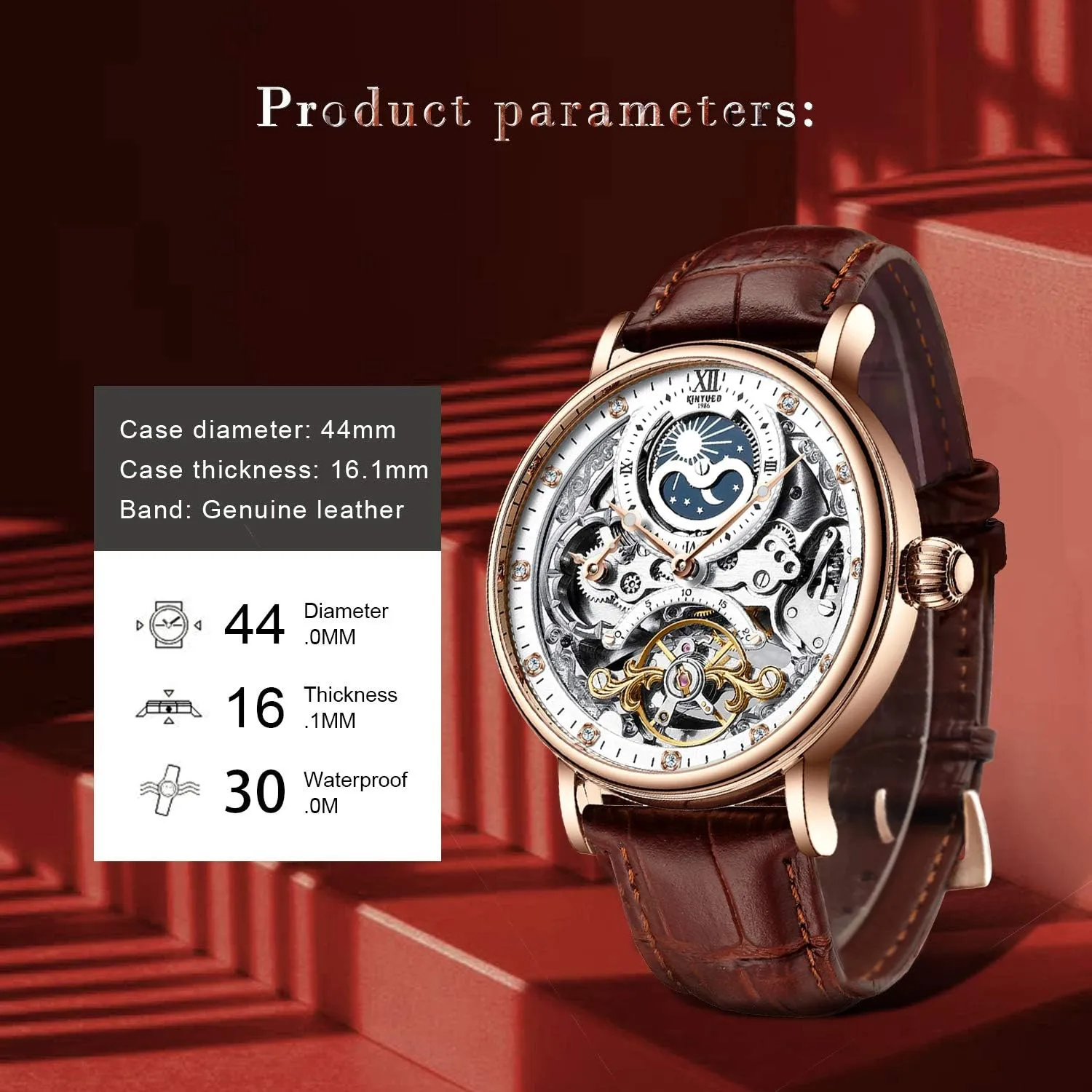 Moon Phrase Luminous Hands Self-Wind Watch IK COLOURING Bestn thinker constrict habitual harmony screen Mens Luxury Skeleton Automatic Mechanical Wrist Watches Leather 
