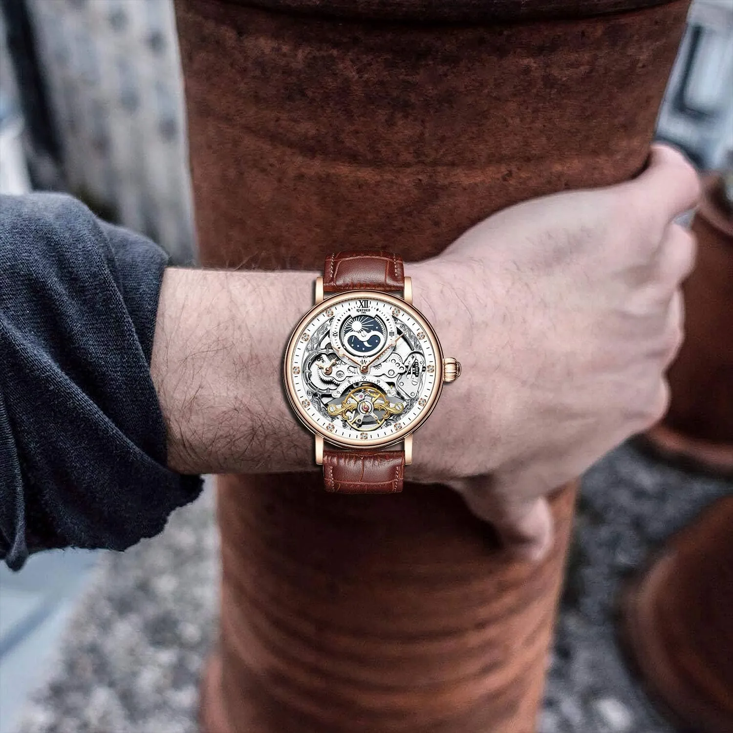 Moon Phrase Luminous Hands Self-Wind Watch IK COLOURING Bestn thinker constrict habitual harmony screen Mens Luxury Skeleton Automatic Mechanical Wrist Watches Leather 
