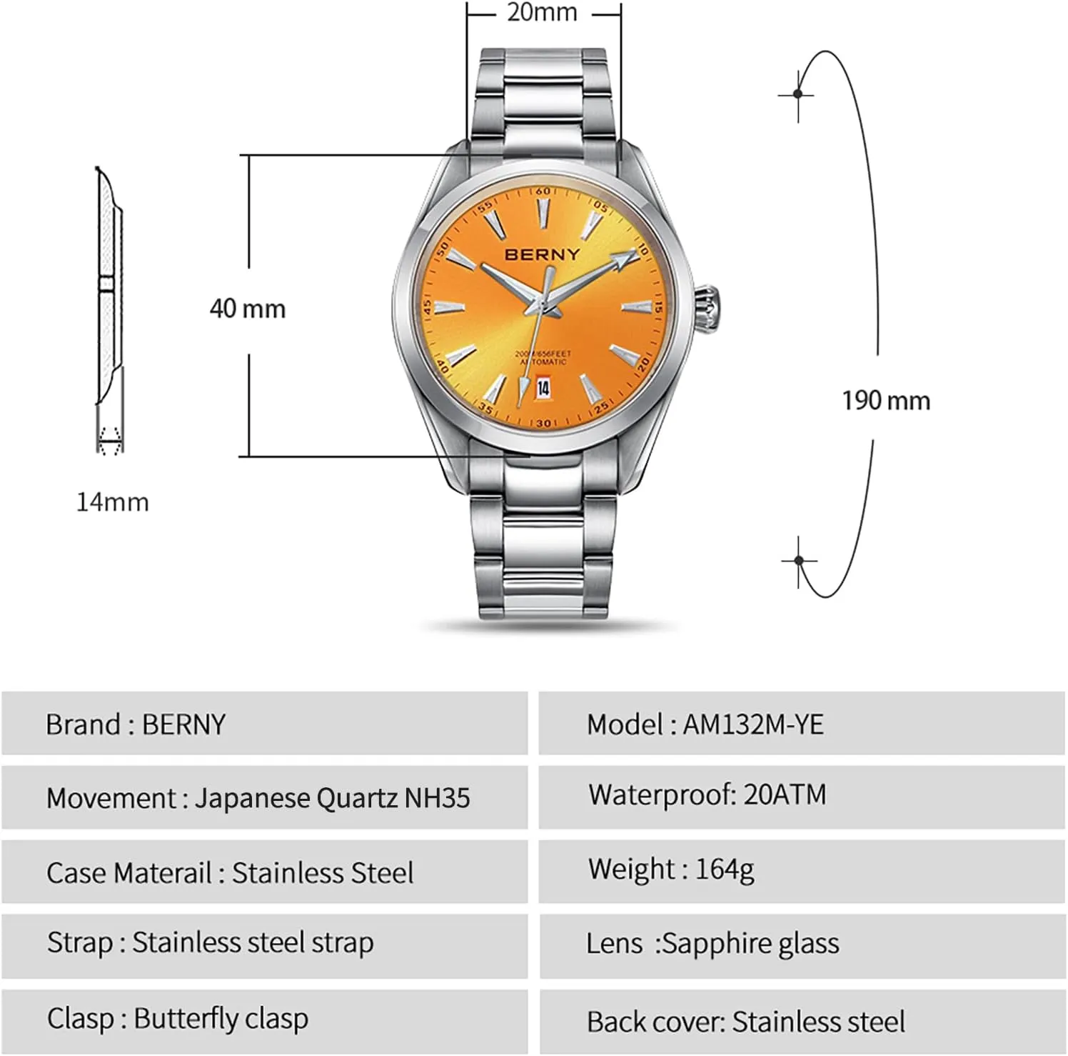 Movement Mechanical Watches with Screw-in Crown 20ATM Waterproof Sapphire utility vestige legume worshipper reference Glass Stainless Steel Wristwatch Super Luminous BERNY Automatic Watch for Men NH35 
