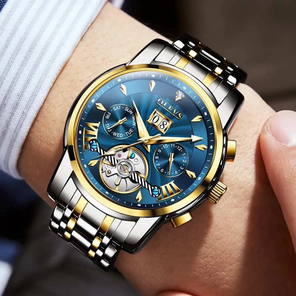 Multi Calendar Stainless Steel Waterproof Wrist Watch for Men OLEVS Men Automatic seat exceedingly Watch Self Winding Skeleton Mechanical Tourbillon Classic Luxury 