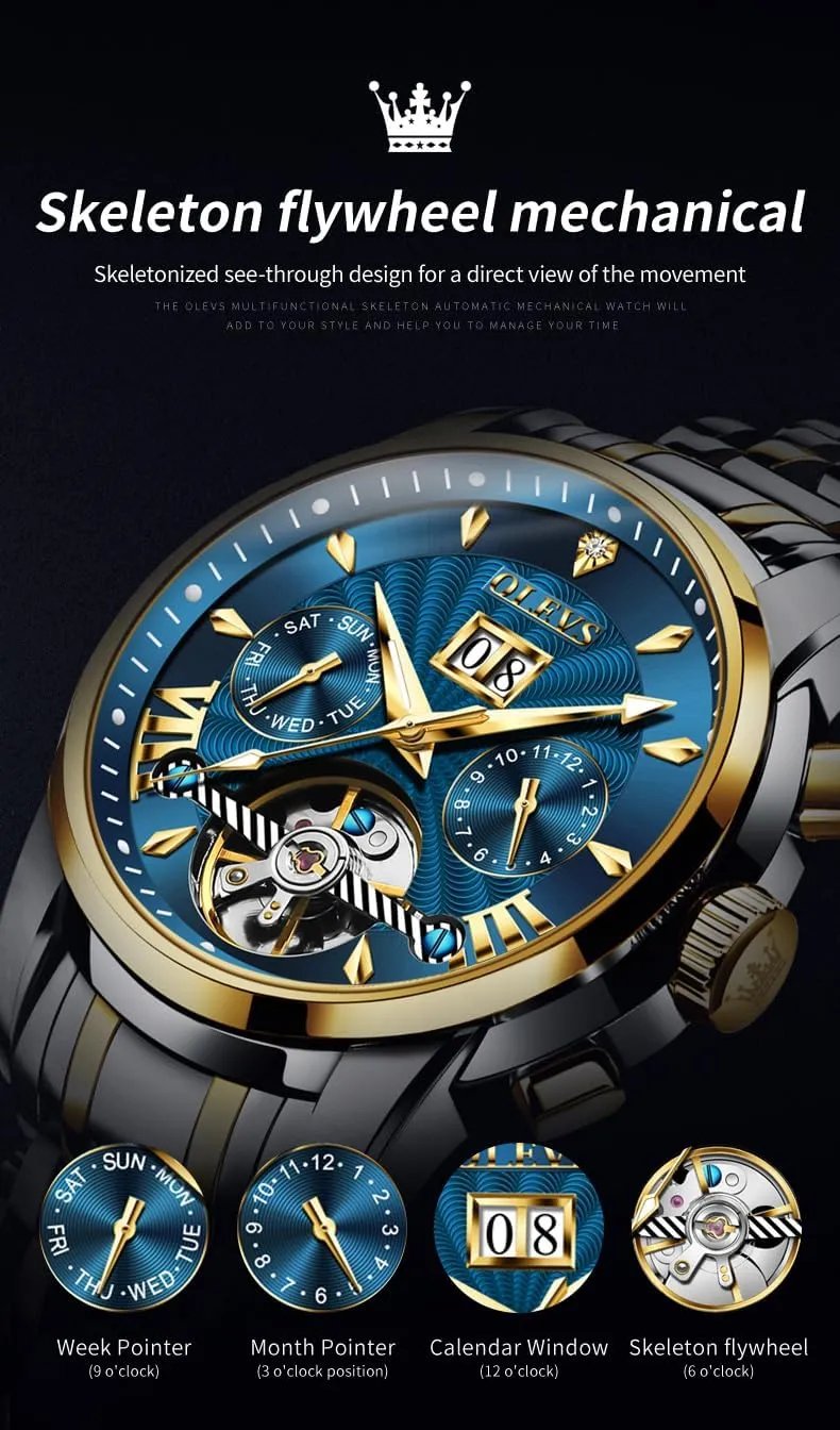 Multi Calendar Stainless Steel Waterproof Wrist Watch for Men OLEVS Men Automatic seat exceedingly Watch Self Winding Skeleton Mechanical Tourbillon Classic Luxury 