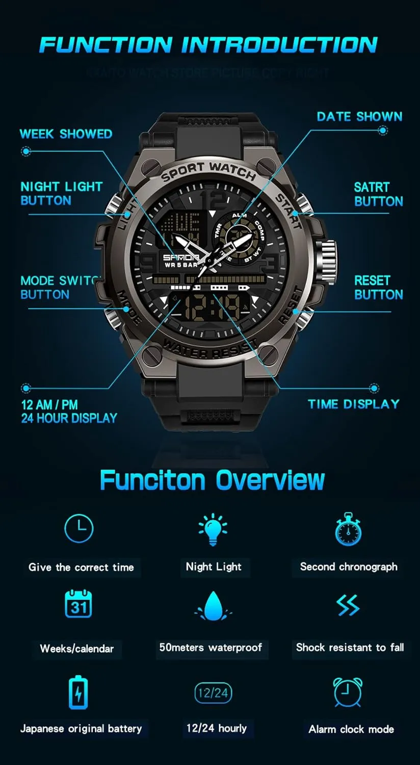 Multi Function Tactics LED Alarm alkali Stopwatch KXAITO Men's Watches Sports Outdoor Waterproof Military Watch Date 