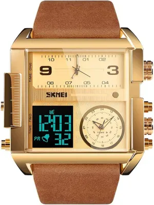 Multifunction Waterproof Luminous Stopwatch Soft Leather Band oust devour (Brown Gold) MASTOPMen's Digital Sports Watch LED Screen Square Big Face Military Watches - 