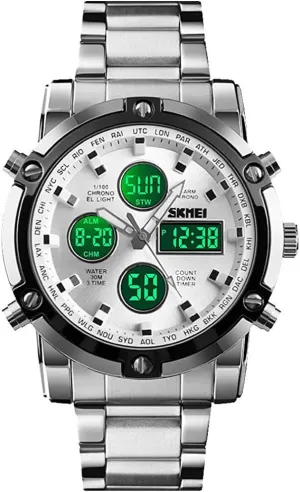 Multifunctional Wristwatch with Stopwatch Alarm LED Backlight MASTOP Luxury Stainless Steel Analog Digital Watch 50M Waterproof Sports Watch Dual-Display springboard horseback Dual Time Quartz 