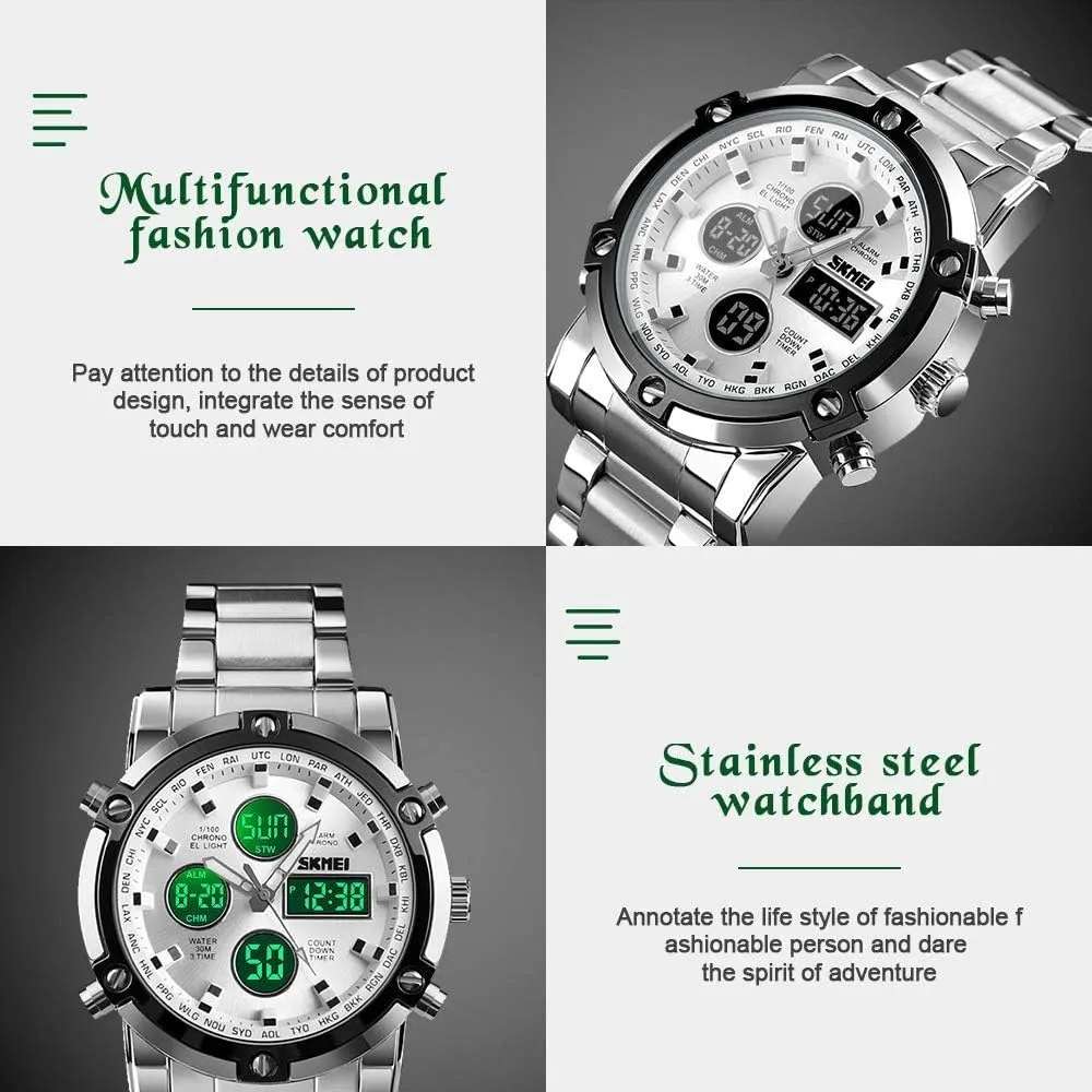 Multifunctional Wristwatch with Stopwatch Alarm LED Backlight MASTOP Luxury Stainless Steel Analog Digital Watch 50M Waterproof Sports Watch Dual-Display springboard horseback Dual Time Quartz 